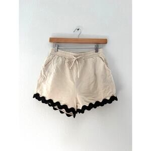 Main Strip Beige Linen Blend Shorts Black Ric Rac Scalloped Hem Size S